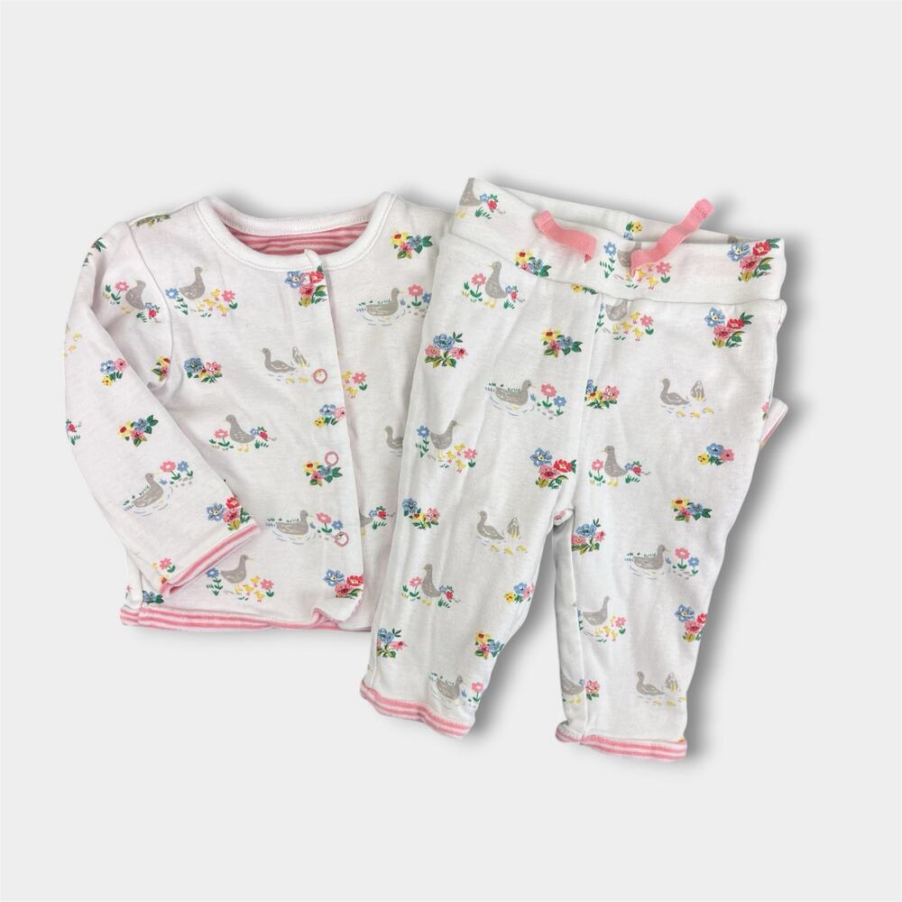 Mini Boden Cosy Velour Reversible Jacket & Pants Set Pink/Ivory Ducks 3-6 Months